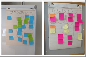 2 photos of whiteboards covered with post-its and colored notes; one of the whiteboards' is entitled "opportunities", the other one is entitled "challenges" 