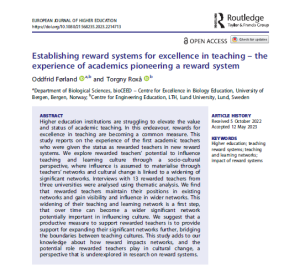 Publication by Oddfrid Førland and Torgny Roxå: Establishing reward systems for excellence in teaching – the experience of academics pioneering a reward system