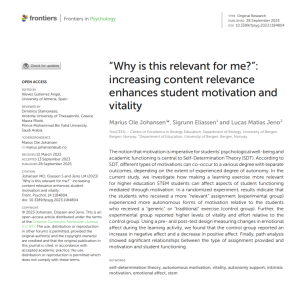 abstract of the article written by Johansen and colleagues entitled "Why is this relevant for me?”: increasing content relevance enhances student motivation and vitality"